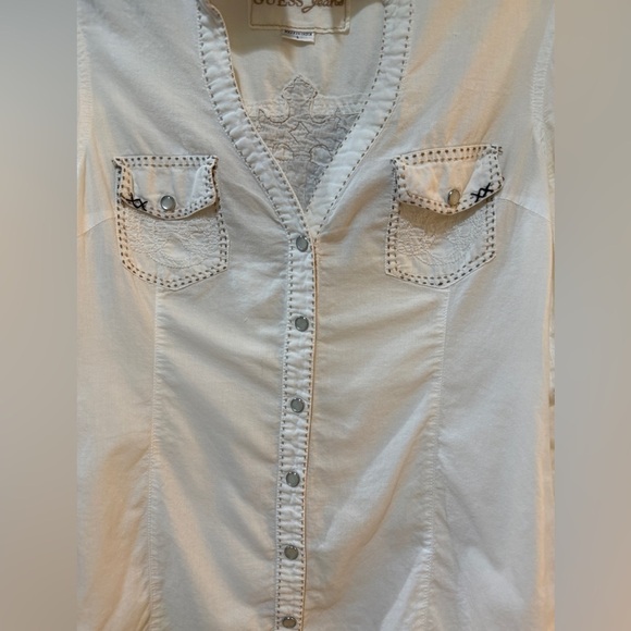 Vintage Guess Jeans White Snap Button Up Embroidered Cross Design moto goth - Picture 11 of 14